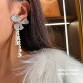 Floral Shaped Sparkly Pearl Deco Tassel Earrings White